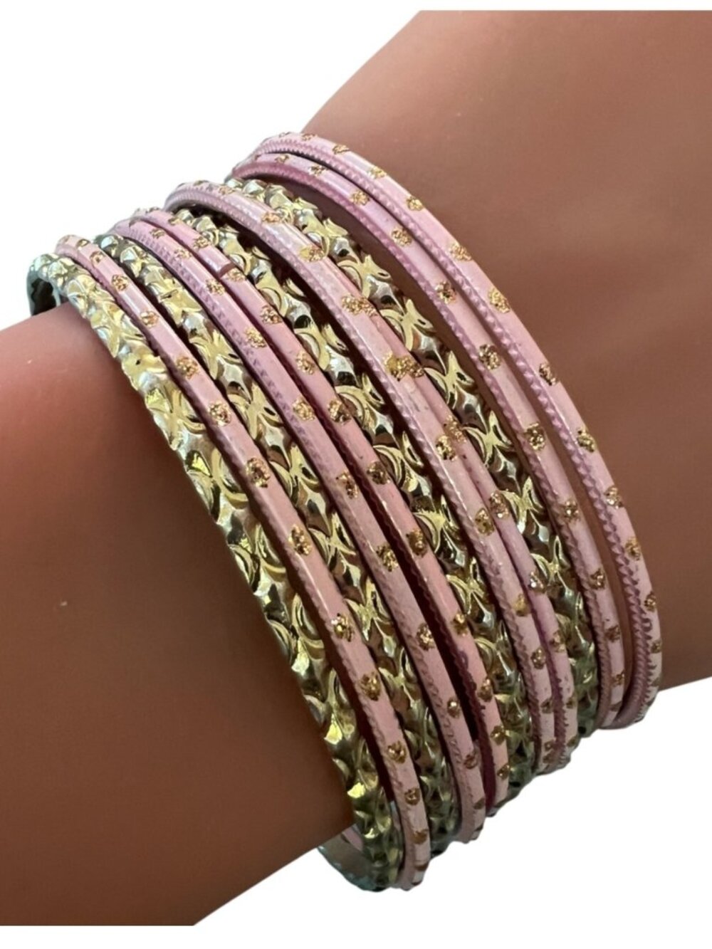 Pink & Gold Tone Thin Bangle Stack, Aluminum Stacking Bracelets, 2 5/8" Diameter